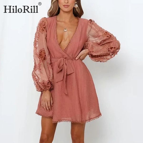

hilorill women chic embroidery patchwork mini dresses 2020 deep v neck pink party dress female lantern long sleeve dress vestido1, Black;gray