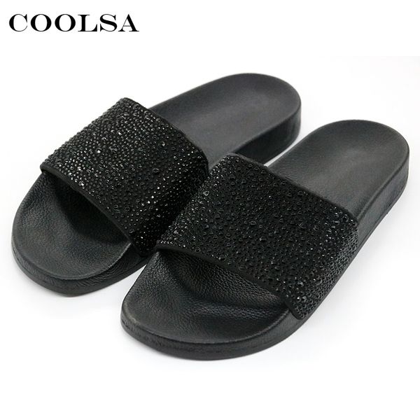 

coolsa summer women slippers rhinestone bling slides flat soft home flip flops female sparkling crystal shoes beach sandals t200411, Black
