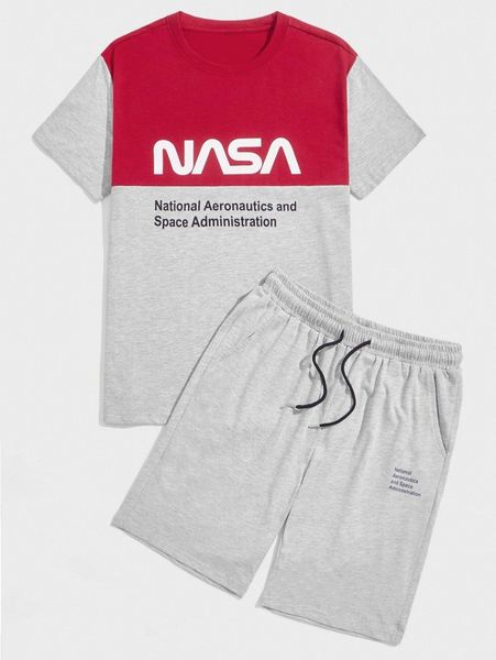 

men color block letter graphic tee & drawstring waist shorts u2fa#, Gray
