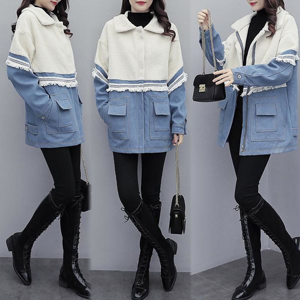 

2021 autumn winter clothing new large size women's plus veet tassel denim stitching lamb woolen coats and jackets f2140, Black