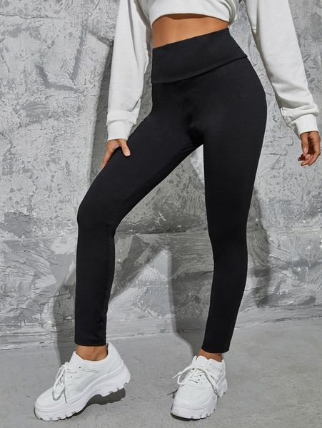 

wide waistband solid leggings h9fu#, Black