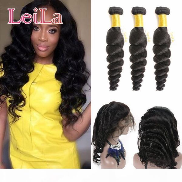 

brazilian virgin hair loose wave 3 bundles with 360 lace frontal pre plucked loose wave human hair weave 4 pieces lot from leila, Black;brown