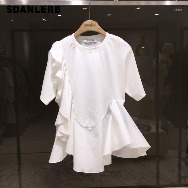 

2020 summer new ruffled hem stitching short-sleeved t-shirt female temperament ladies loose white black tshirt tees1