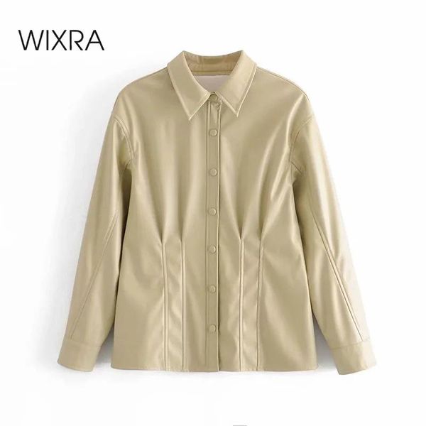 

women's blouses & shirts wixra womens pu blouse ladies long sleeve turn down collar slim faux leather autumn spring female clothes, White