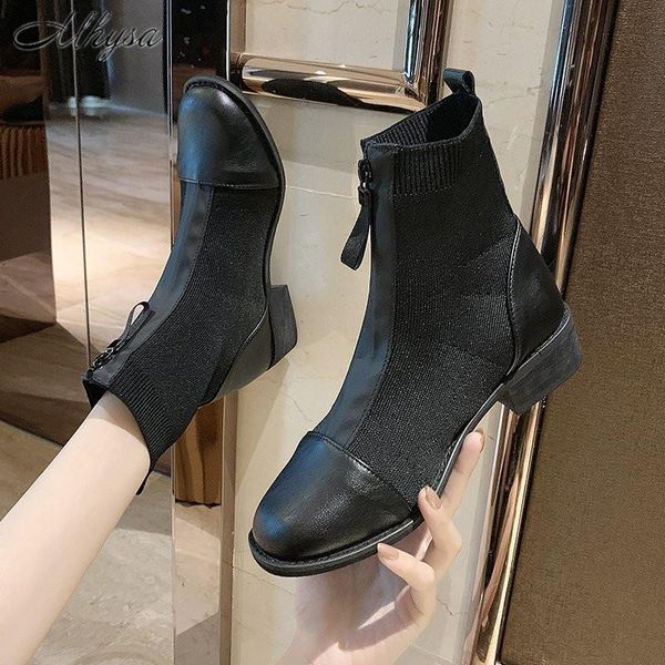 

2020 autumn winter new women's fashion square heel martin boots women's front zipper flying knitted stitching boots women w105, Black