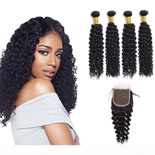 

brazilian deep wave hair weave 4bundles with closure 7a unprocessed peruvian malaysian brazilian virgin hair deep curly wavy hair extension, Black;brown