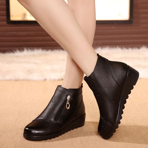 

peipah autumn/winter rubber snow boots women genuine leather shoes woman ankle boots female flat with fur zip shoes bootee 201021, Black
