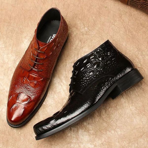 

new men's crocodile dress leather shoes lace-up wedding party shoes mens business office oxfords flats plus size men fashion, Black