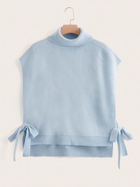 

plus turtleneck knot side high low hem sweater vest r2xd#, Black