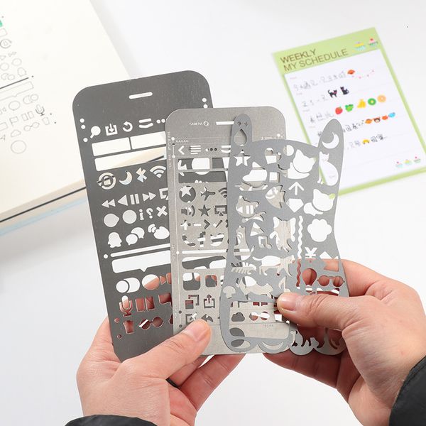 

2020 stationery multifunctional stainless steel hollow cat geometry pattern metal rule diy tool diary template