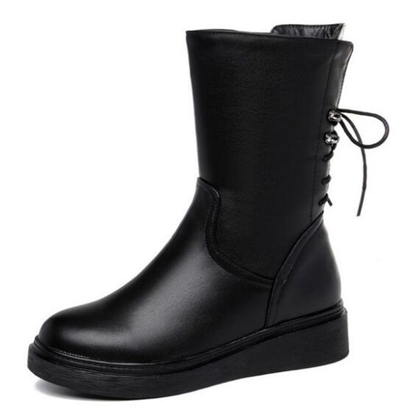 

boots large size in-tube boot women flat after lace-up plus velvet warm snow winter shoes woman genuine leather, Black