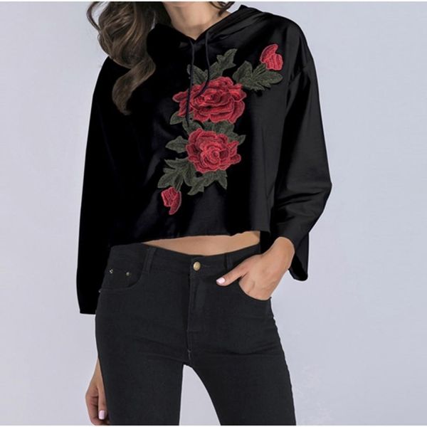 

hooded long sleeve casual loose embroidered sweatshirt, Black