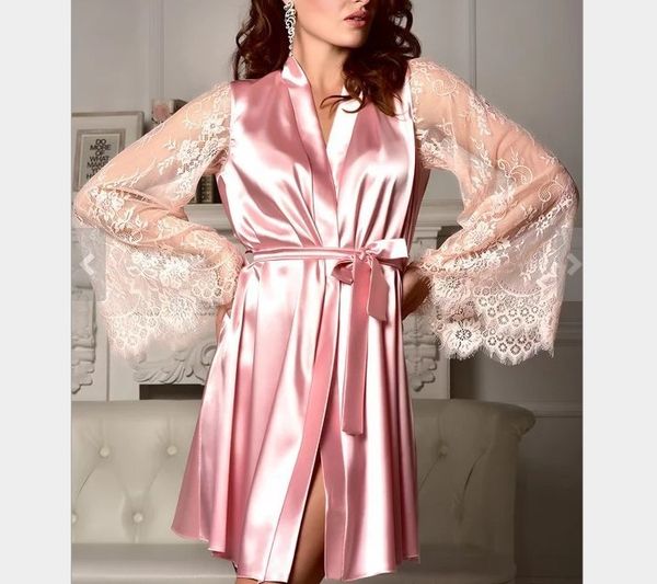 

sell well in europe and the united states foreign trade underwear lace see-through long sleeve imitation ice robe manufacturer, Red;black