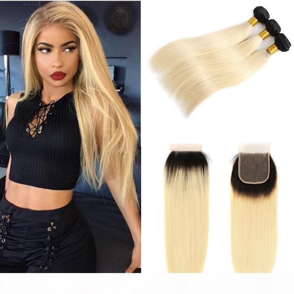 

ombre t1b 613 # straight цветные волосы remy связки с closure бразильском honey blonde человека плетение волос с 4x4 lace closure, Black
