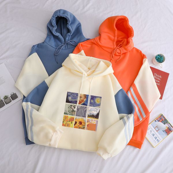 

autumn winter fleece van gogh oil painting pullover thick loose women hoodies harajuku contrast color sweatshirt female, Black
