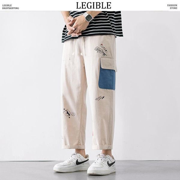 

legible men's solid color straight harem pants korean man loose ankle-length trousers streetwear male casual pants1, Black
