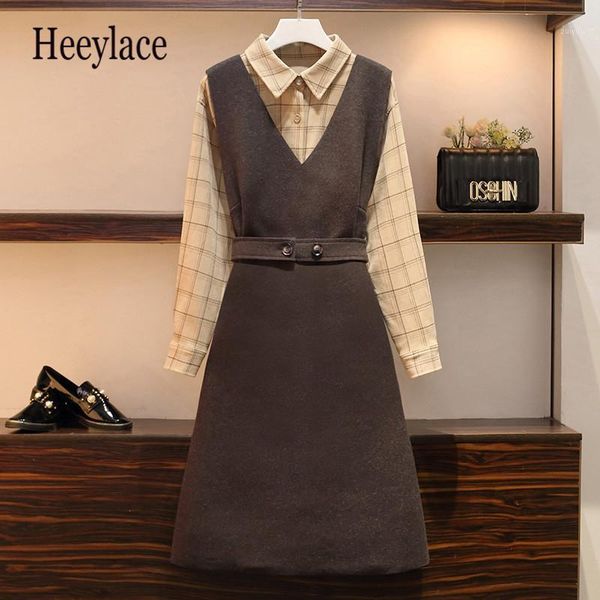 

plus size office ladies autumn woolen dress set korean elegant plaid blouse and tweed vest dress two piece set women vintage1, White