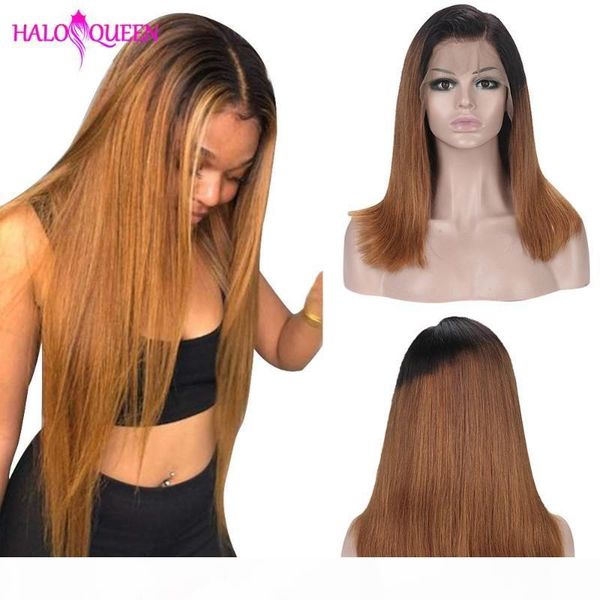 

haloqueen straight 13*4 lace front human hair wigs ombre 2# brown color wig density 130% 150% brazilian remy hair bleached knots, Black;brown