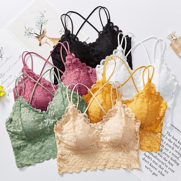 

camisoles & tanks floral lace bralette crop women seamless underwear female lingerie deep v tank padded camisole, Black;white