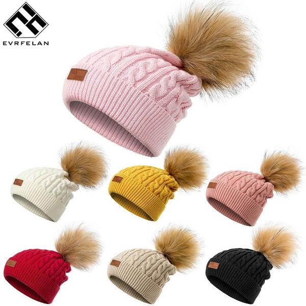 

beanie/skull caps evrfelan leather letters winter hat for women girls knitted beanie pompoms fur ball thicken warm gift female, Blue;gray
