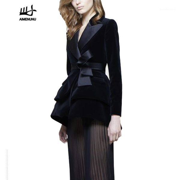 

aimenunu lace up velvet blazer coat women black high waist coats female large size elegant clothes 2019 autumn new1, White;black