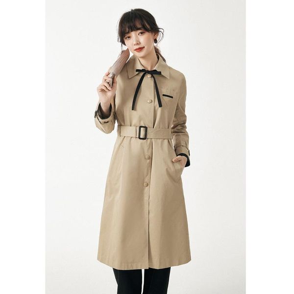 

rongtai] drape sense windbreaker women's long style temperament new fall 2020 slim tie british dress coat, Tan;black