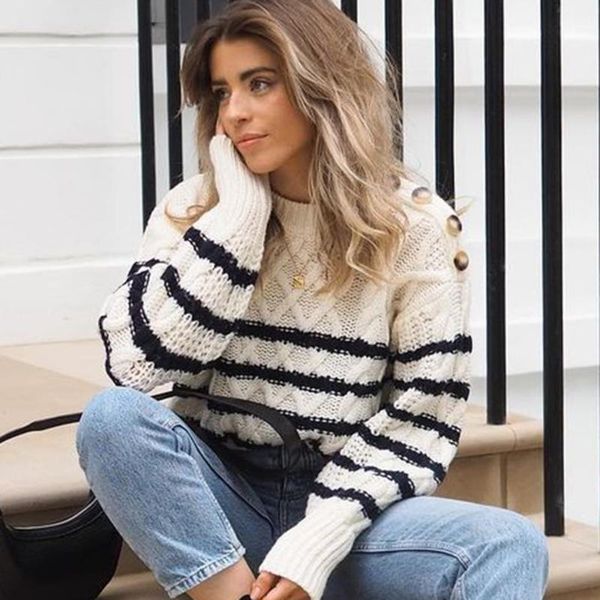 

navy stripes wool sweater women 2021 winter elegant long sleeve buttons round neck thick warm pullover chic autumn sweaters, White;black