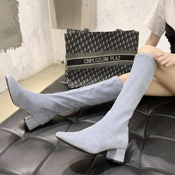 

2020 new high heel knee high boots women autumn stretch square toe long botas mujer slip on slim fit party shoes woman, Black