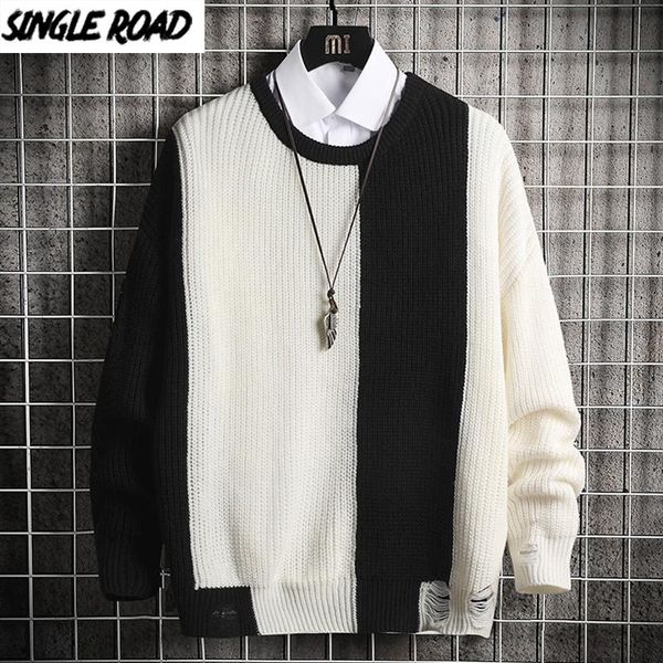 

men's sweaters singleroad oversized mens knitted sweater men 2021 patchwork ripped jumper pullover hip hop harajuku black, White;black