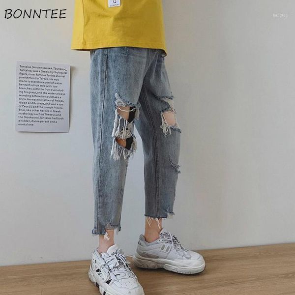 

ripped jeans men holes ankle-length chic ins leisure mens korean style all-match washed teens harajuku hip-hop streetwear new bf1, Blue
