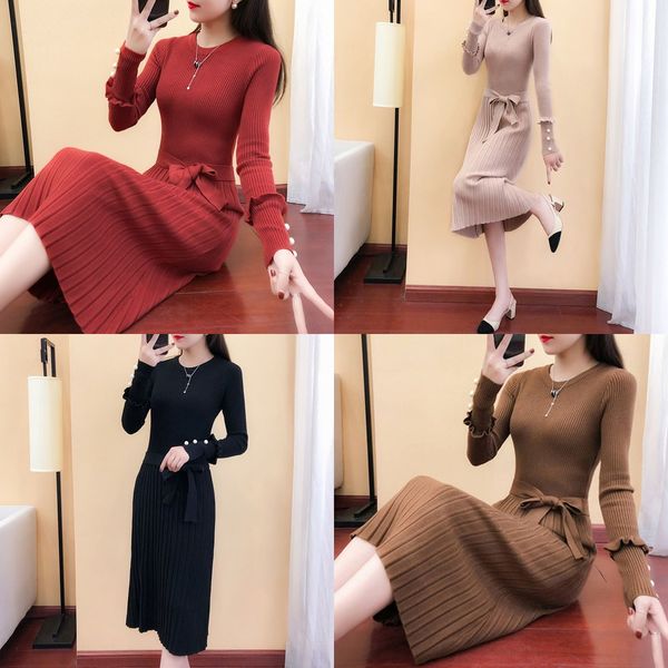 

новая весна 2020 женская юбка длиной skirtknitted платье с длинным рукавом шерсти платья осень зима дном шерсть юбка r9lc0, Black;gray