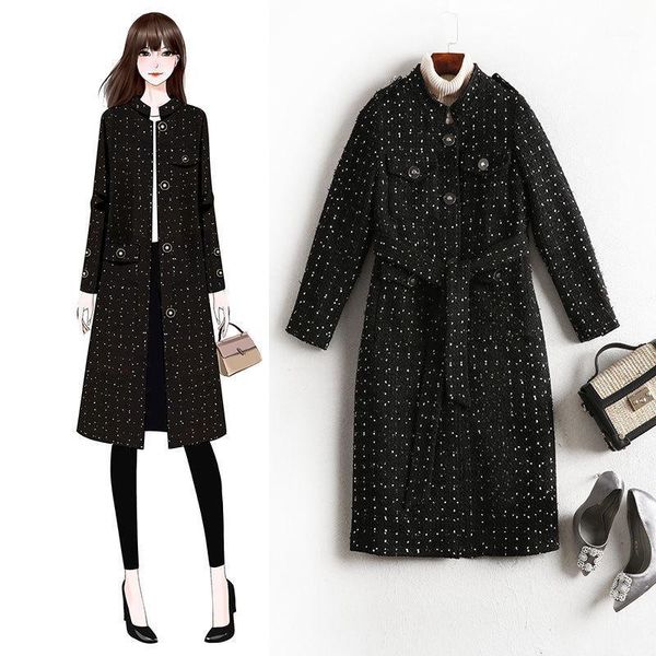 

5xl plus size women woolen coat mid length plus fat woolen jacket single breasted overcoat with sashes 2021 autumn winter new1, Black