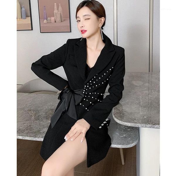 

autumn 2021 new french small suit nail bead black show thin temperament small dress bow suit dress1, Black;gray