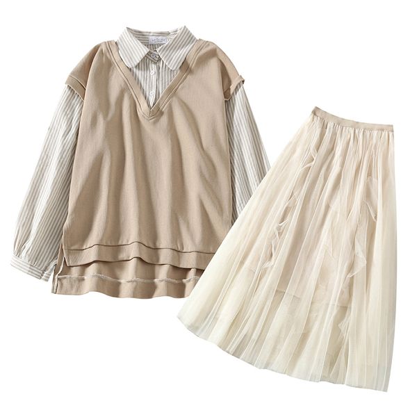 

merry pretty 2 piece set women beige striped patchwork fause 2 pcs sweatshirt +high waist mesh skirt 2 pcs women skirt set t200702, White