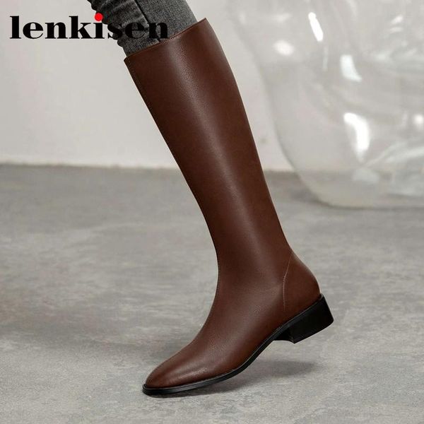 

lenkisen split leather square toe med heel riding boots simple style solid pretty girls dating korean street knee-high boots l34, Black