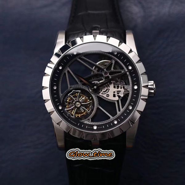 

jbf v2 version excalibur rddbex0393 skeleton dial true tourbillon rd505sq automatic mens watch silver steel case leather strap luxry watches, Slivery;brown