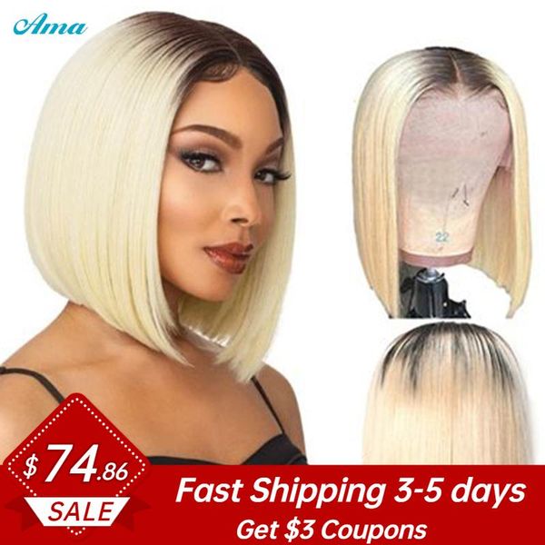 

lace wigs ombre blonde short bob 613 straight frontal peruvian human hair hd transparent pre plucked with dark roots, Black;brown