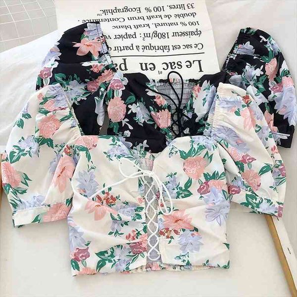 

ins fashion women floral print drawstring blouses women short sleeve french vintage bandage lace female blusas, White