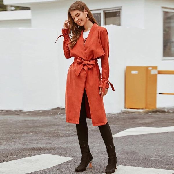 

fashion women trench coat casual autumn solid long sleeve slim bandage overcoat autumn spring outerwear quality, Tan;black