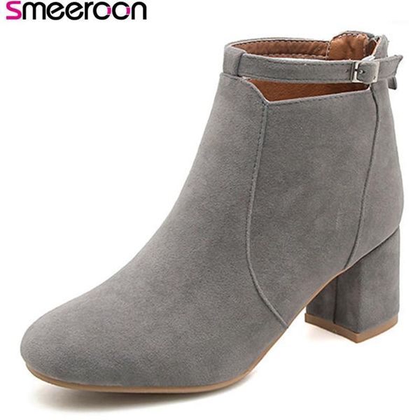 

smeeroon zip+buckle ankle boots for women autumn winter boots round toe women high heels party shoes big size 33-431, Black