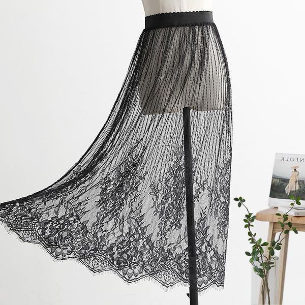 

autumn women striped lace mesh midi skirt ladies casual hollow out high waist transparent see-through overskirt skirts, Black