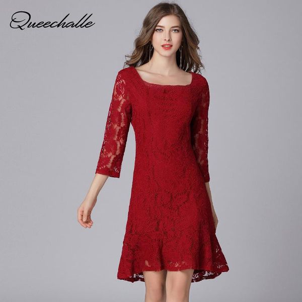 

queechalle women's elegant ruffles lace dress 4xl 5xl plus size slash neck office casual slim hips party dresses wine red, Black;gray