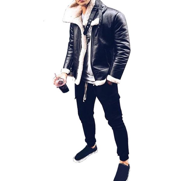 

new fashion men winter long sleeve fur belt faux leather jacket highneck shearling coat wool lining bomber jacket men, Black