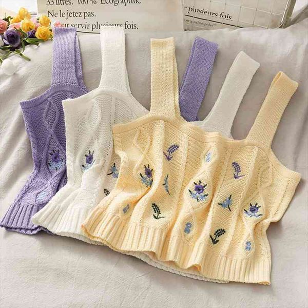 

women knitted crop camis ladies floral embroidery knitted short vest summer sweater vintage tank crop halter y2k, White