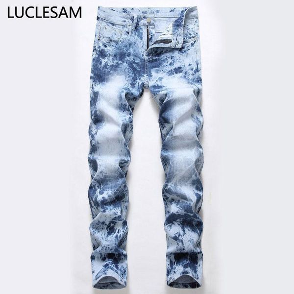 

tie dye print men jeans brand designer male stretch denim pants trousers brand new biker los hombres jeans straight hombre1, Blue