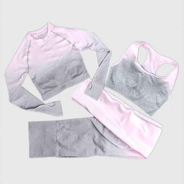 

женщины йога набор тренажерный зал оммре градиент бесшовные высокой талии леггинсы + длинный рукав топ + бюстгальтер тренировки спортивный к