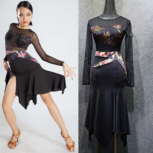 

stage wear latin dance dress women salsa cha irregular skirt perspective party professional comprtition lady 1462, Black;red