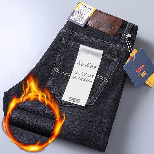 

men's jeans sulee brand men warm thick 2021 winter style business fashion slim fit stretch black jean trousers pants, Blue
