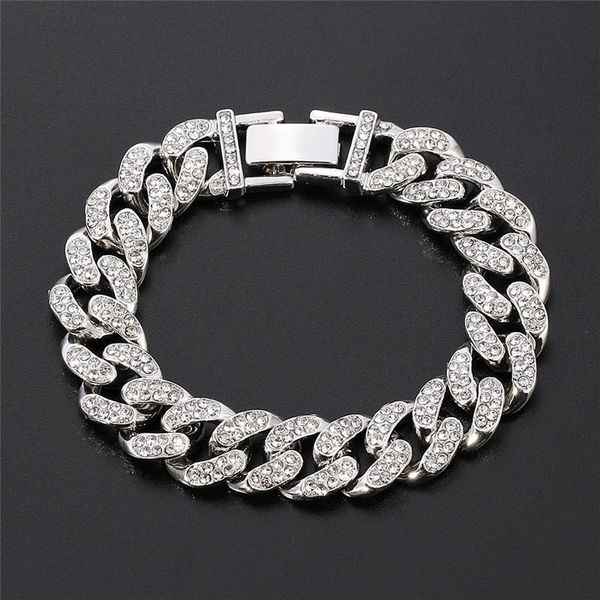 

Punk Fashion Luxury 13mm Iced Out Cuban Link Chain Bracelet for Women Men Silver Color Bling Rhinestone Bracelet Jewelry, Golden;silver