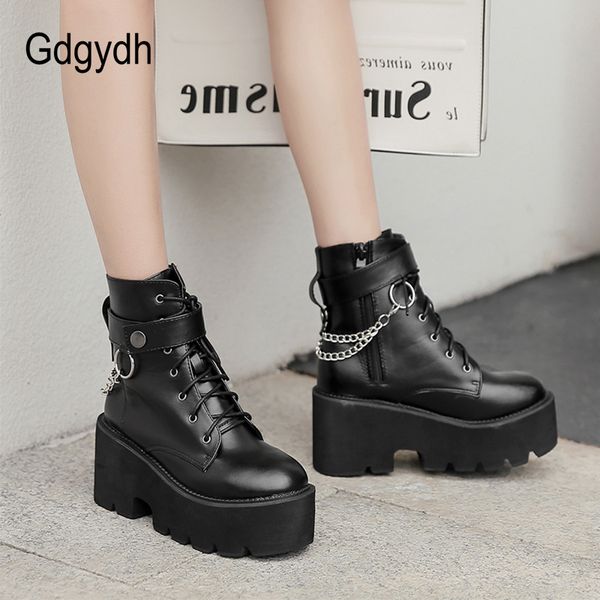 

gdgydh new chain women leather autumn boots block heel gothic black punk style platform shoes female footwear 201021